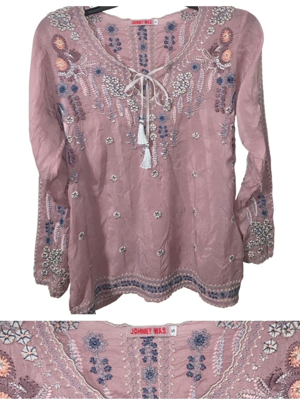 Johnny Was Santorini Dusty Rose Embroidered Boho Tunic